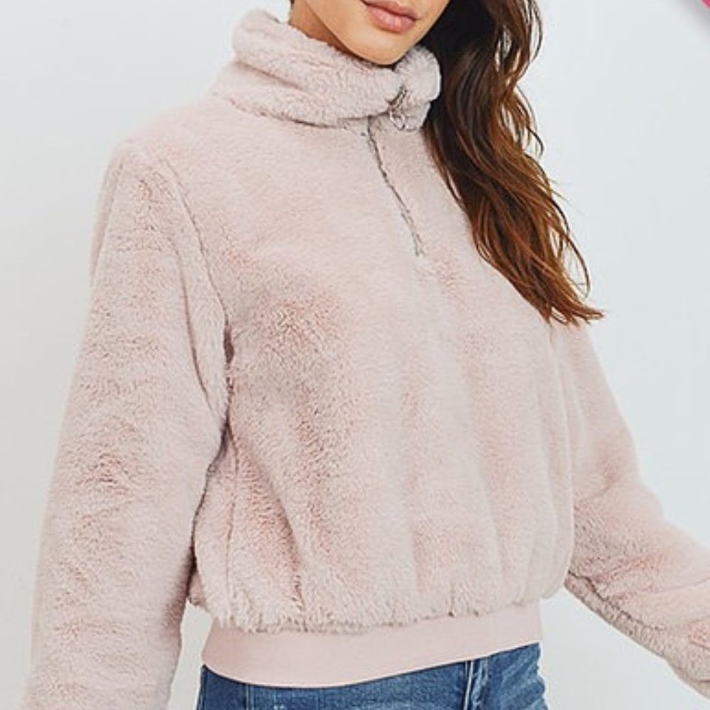 Faux Fur Quarter Zip Plus Size Pullover Sweater